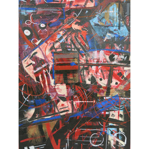Mixed media collage with red and blue